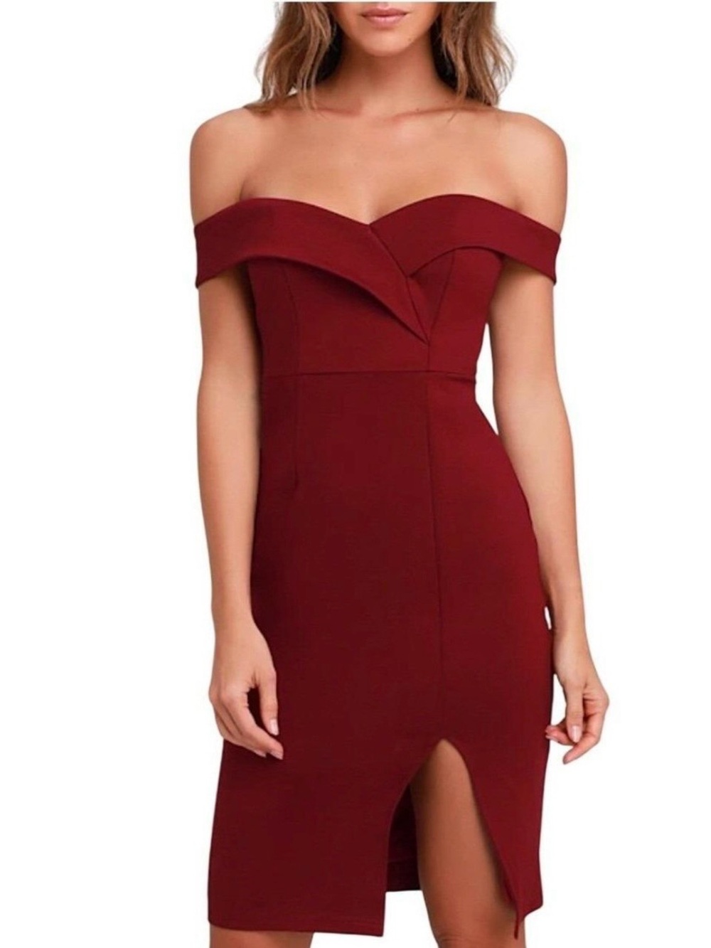 Lulu's Classic Glam Off-the-Shoulder Bodycon Slit Dress. Wine. Size Small - Picture 3 of 10